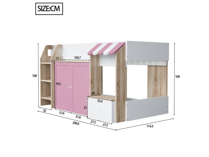 Lit mezzanine 90x200 cm coloris rose bois massif lit enfant rose - Conforama C