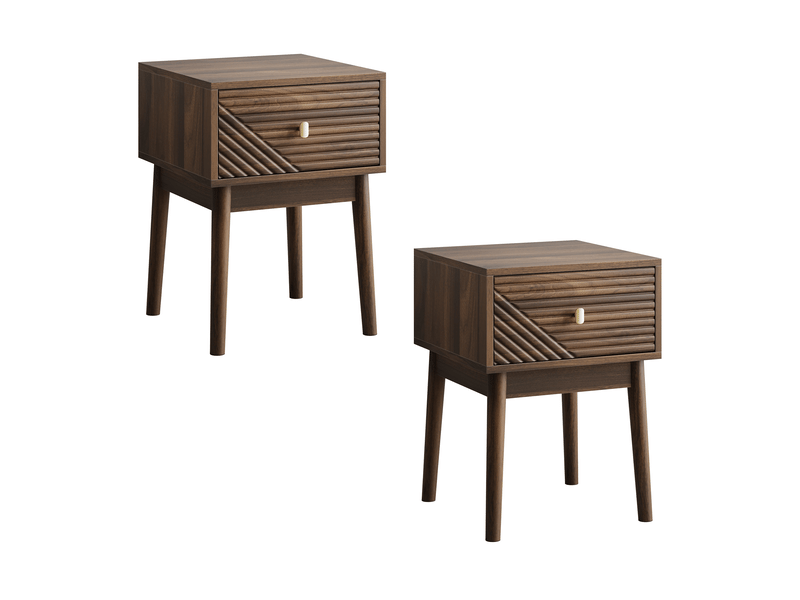  Table de chevet mid-century moderne, noyer, poignées métal, 2 tiroirs, lot de 2, 40 cm  - Conforama A