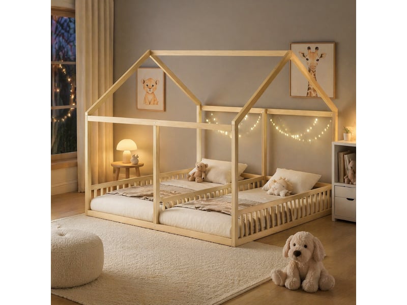 Lit cabane enfant 2 x 90 x 200 cm, 2 lits côte à côte, pin et mdf, naturel - Conforama D