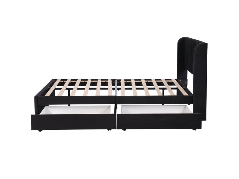  Lit capitonné 160x200 cm velours noir – tête rembourrée et 2 tiroirs de rangement  - Conforama D