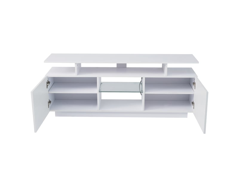  Meuble tv 140 cm blanc brillant led rgb 16 couleurs, portes vitrées, éclairage intégré  - Conforama A