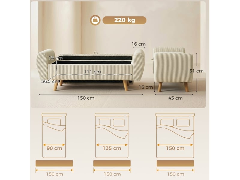  Banc de rangement 150 x 45 x 51 cm beige, velours côtelé, assise 2 places avec accoudoirs et coffre 73 l  - Conforama D