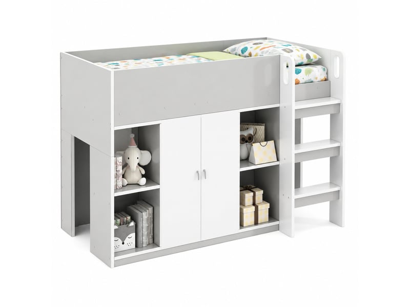  Lit mezzanine, 90x200 cm, échelle de sécurité, étagères, armoire, avec rangement, matelas non inclus, pin, coloris gris  - Conforama A
