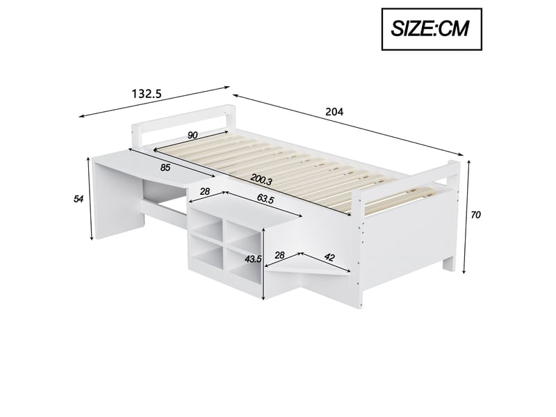 Lit enfant 90x200 cm blanc avec bureau et rangements - lit simple en bois - Conforama C