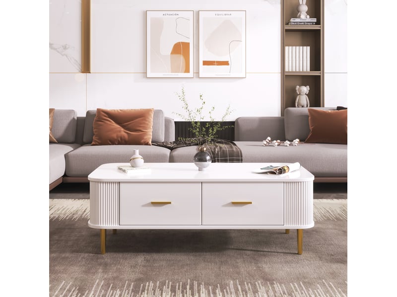  Table basse 105x51x38 cm 4 tiroirs grand rangement bords arrondis sécurité coulissant mdf poignées pieds dorés blanc  - Conforama R