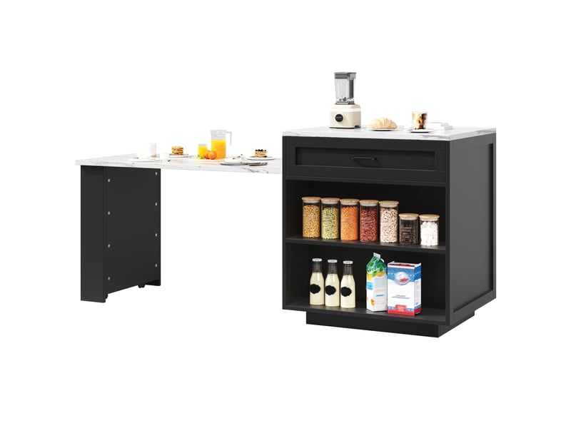 Îlot central de cuisine extensible avec rangement, table haute 2-6 personnes sur roulettes, étagères latérales, 98-204x70x93,5 cm - noir - Conforama A