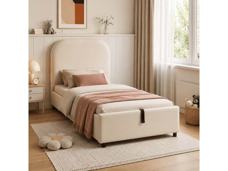  Lit coffre enfant 90 x 190 cm beige velours avec sommier à lattes tête de lit rembourrée rangement hydraulique  - Conforama B