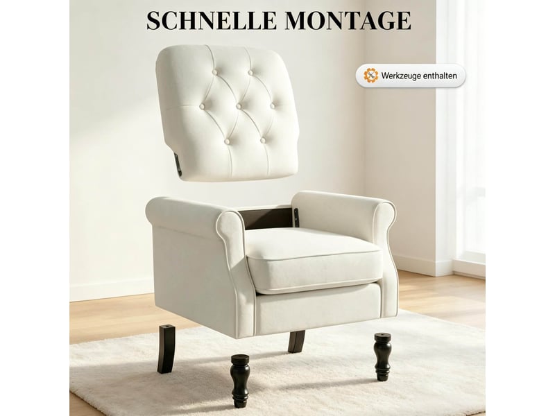  Fauteuil lounge capitonné avec coussin à ressorts ensachés et pieds en bois, en tissu de lin crème  - Conforama E