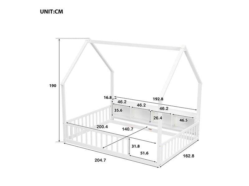  Lit cabane enfant 140 × 200 cm en bois de pin avec barrières de sécurité, étagères de rangement intégrées et cadre maison - blanc  - Conforama C