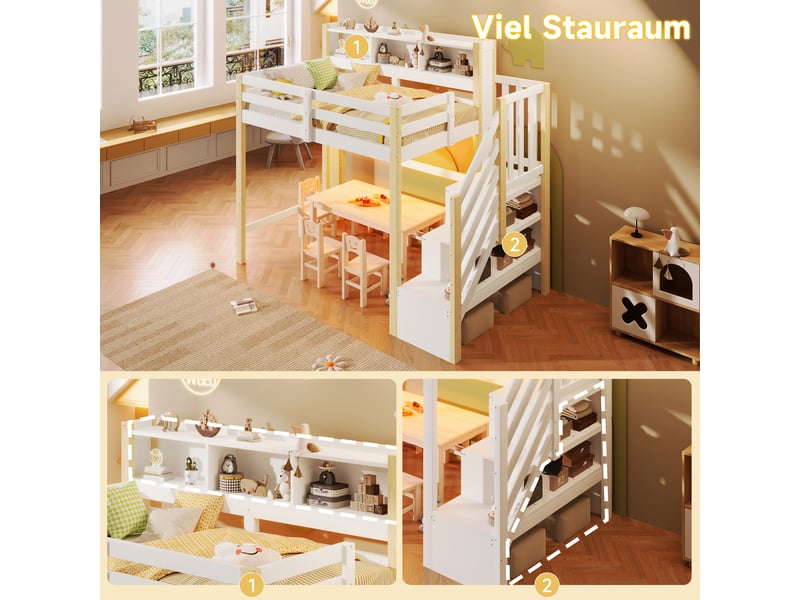  Lit superposé 90x200 cm, lit enfant, rangement, échelle sécurisée, led, bois de pin blanc et naturel  - Conforama W