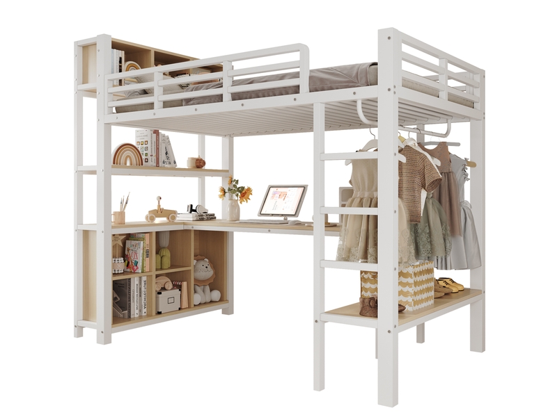  Lit mezzanine 90x200 cm, bureau, penderie, rangements, garde-corps, métal et mdf, blanc et noir sans matelas  - Conforama A