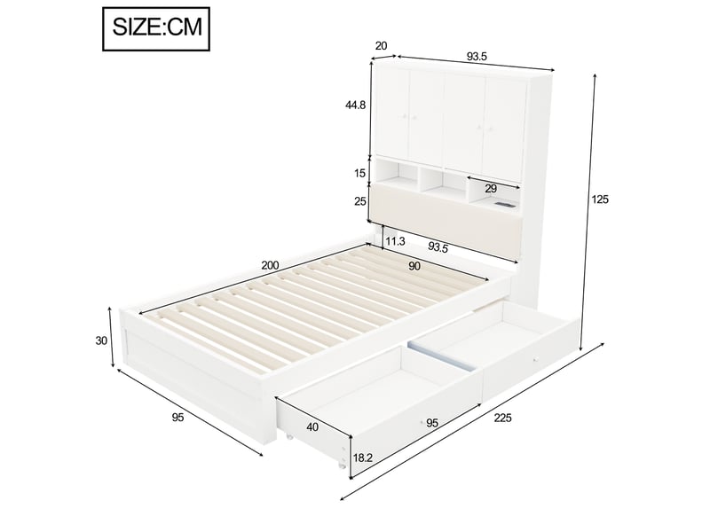  Lit une place tcqpz 90 x 200 cm avec rangements led prise intégrée et 2 tiroirs blanc  - Conforama C