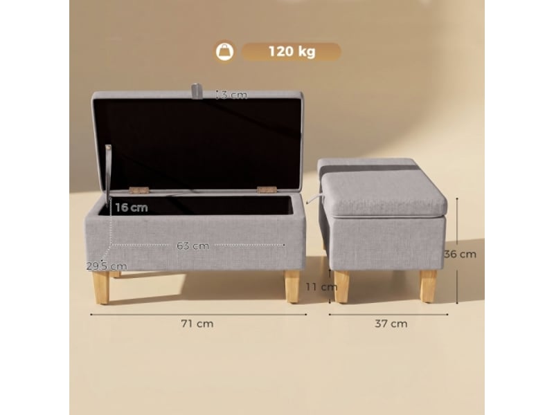  Banc coffre gris clair rembourré aspect lin, pieds en bois d’hévéa, rangement pratique  - Conforama C