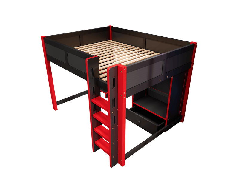 Lit mezzanine gaming noir et rouge 140x200 cm, led, bureau, armoire et tiroirs - Conforama E