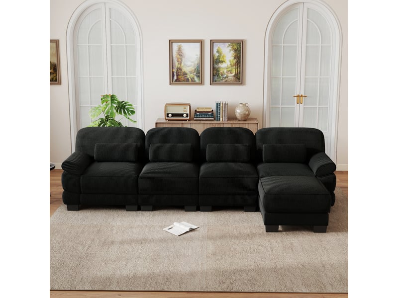  Canapé modulable 4 places en velours côtelé noir avec pouf, assise profonde pour salon  - Conforama B