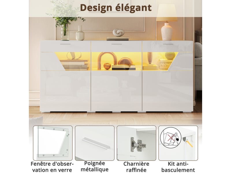 Buffet 3 portes avec vitrage et led contrôlée par application pour salon 160×38×78 cm blanc - Conforama D
