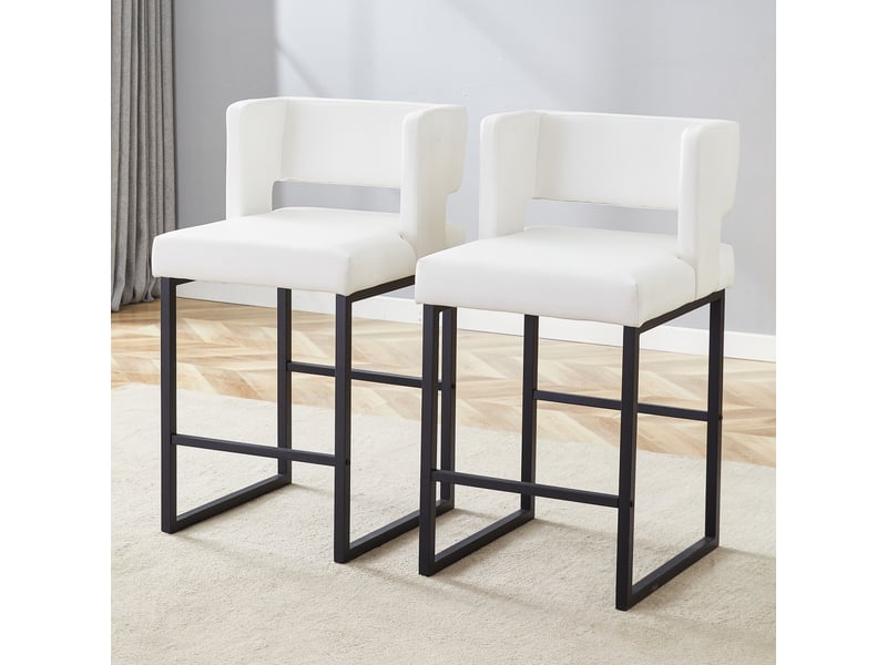  Lot de 2 tabourets de bar 49.5x41.4x91.4cm – design carré moderne et confortable avec sièges en cuir - pieds en métal noir - blanc  - Conforama D