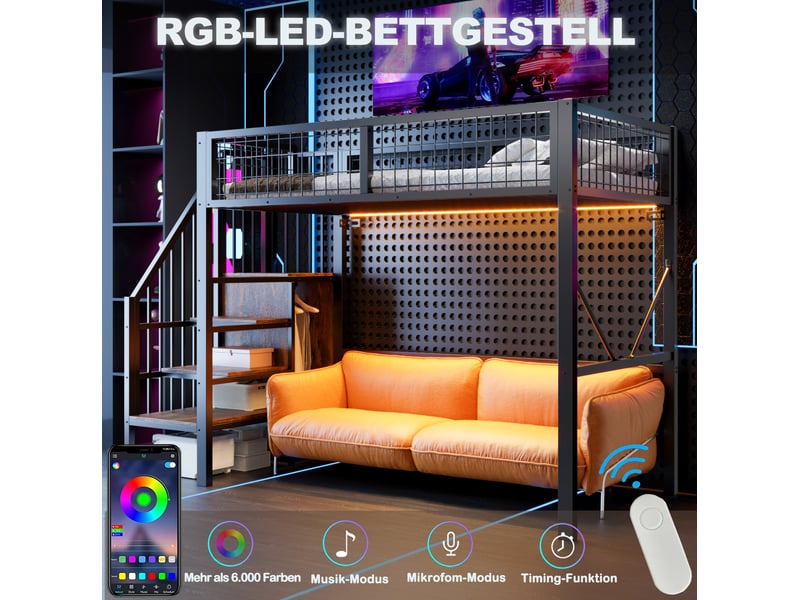  Lit mezzanine enfant 90x200 cm – noir – escalier de rangement, penderie et éclairage led - sans matelas  - Conforama E