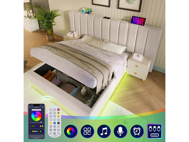  Lit coffre 180x200 cm beige lin avec led usb-c sommier matelas inclus  - Conforama D