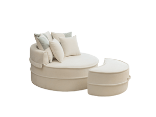 Fauteuil lounge rond 1 place en chenille beige avec pouf et 5 coussins