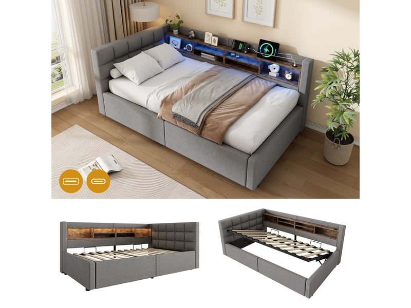  Lit coffre hydraulique 90x200 cm avec led dimmable, étagères, usb et tête réversible, tissu lin gris, sans matelas  - Conforama E