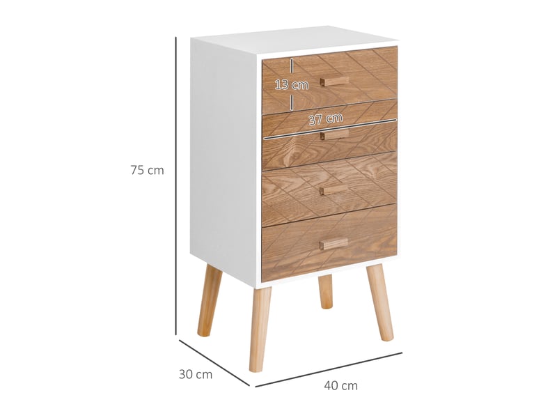  Commode à 4 tiroirs, coiffeuse de chambre, table de chevet avec pieds surélevés pour salon, 40 x 30 x 75 cm, blanc et naturel  - Conforama E