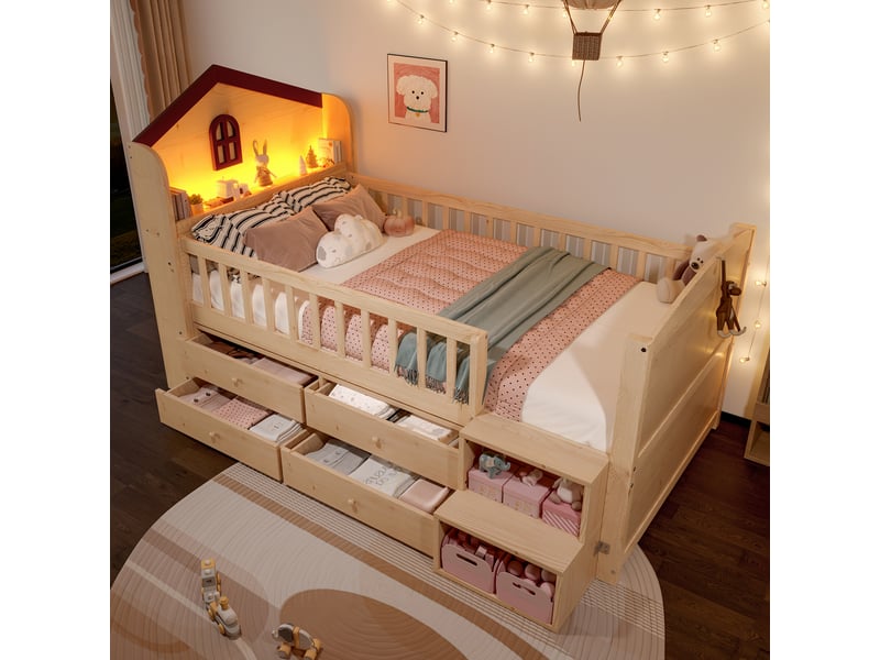  Lit mezzanine 90x200 cm, lit enfant, 4 tiroirs, échelle sécurisée, led, forme maison, bois de pin naturel  - Conforama A