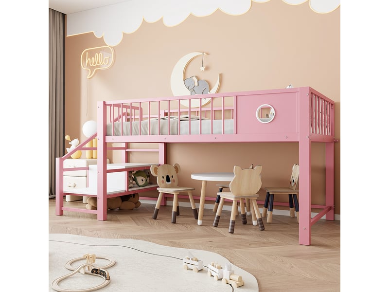  Lit surélevé bas 90 x 200 cm, métal rose, échelle avec rangement et espace sous le lit  - Conforama C