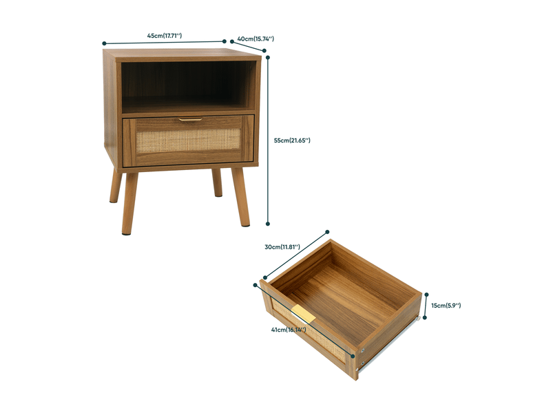  Table de chevet avec 1 tiroir et niche ouverte, style bohème en mdf et rotin noyer pour chambre, 45 × 40 × 55 cm  - Conforama C