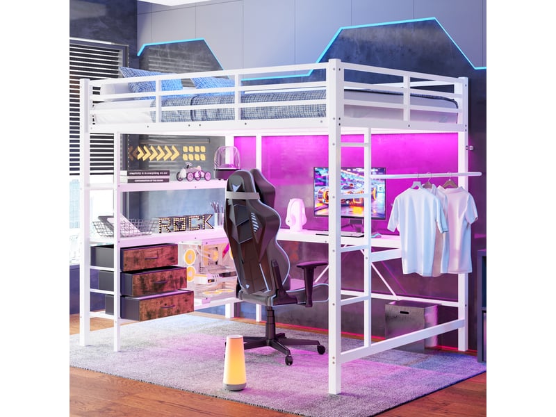  Lit mezzanine 140 x 200 cm, bureau, éclairage led, prises+usb, 3 tiroirs, garde-corps, métal mdf, blanc sans matelas  - Conforama D