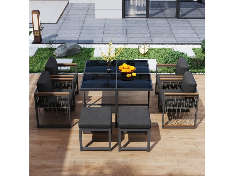 Salon de jardin 7 pièces noir et bois, table en verre trempé 117 x 117 cm, 6 places pour vos repas extérieurs - Conforama E