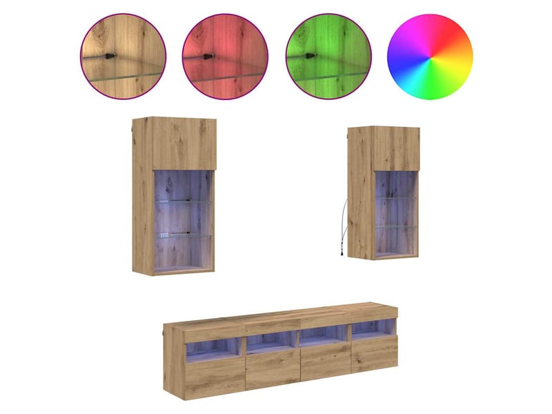 Unités murales tv avec led 5 pcs chêne artisanal shl6713  - Conforama D