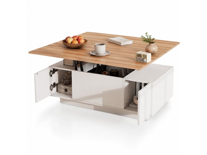  Table basse avec 2 plateaux relevables, rangement caché et 2 portes, pour salon, panneaux de particules, blanc et bois, 100 × 50 × 55.5 cm  - Conforama A
