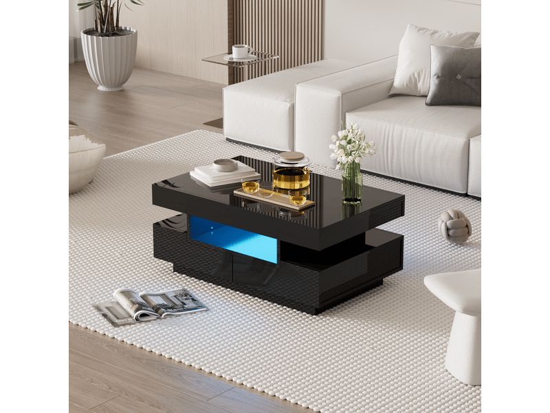 Table basse avec 4 tiroirs, 3 niches et led réglable, finition brillante, pour salon, en panneau de particules, noir - uvrion - Conforama B