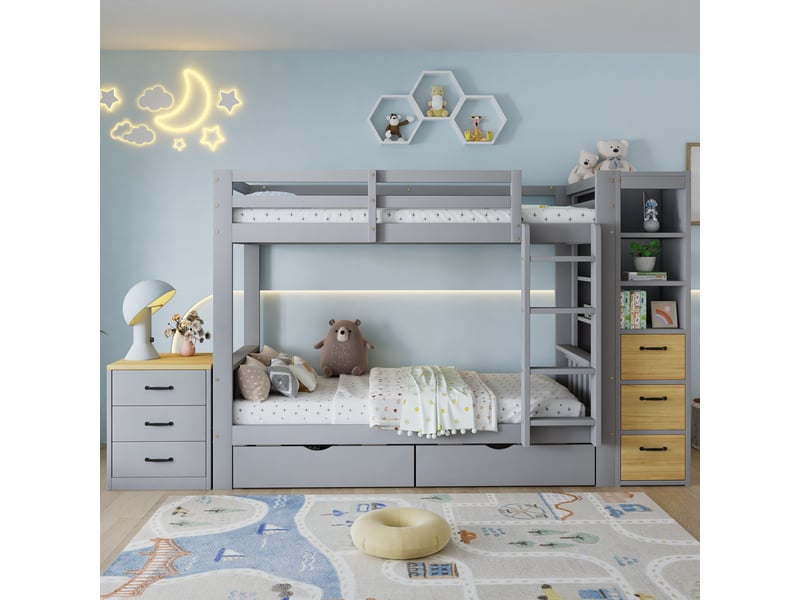  Lit superposé 90x200cm - lit enfant avec 2 tiroirs de lit, bibliothèque latérale, échelle &amp; table de chevet - gris et bois  - Conforama D