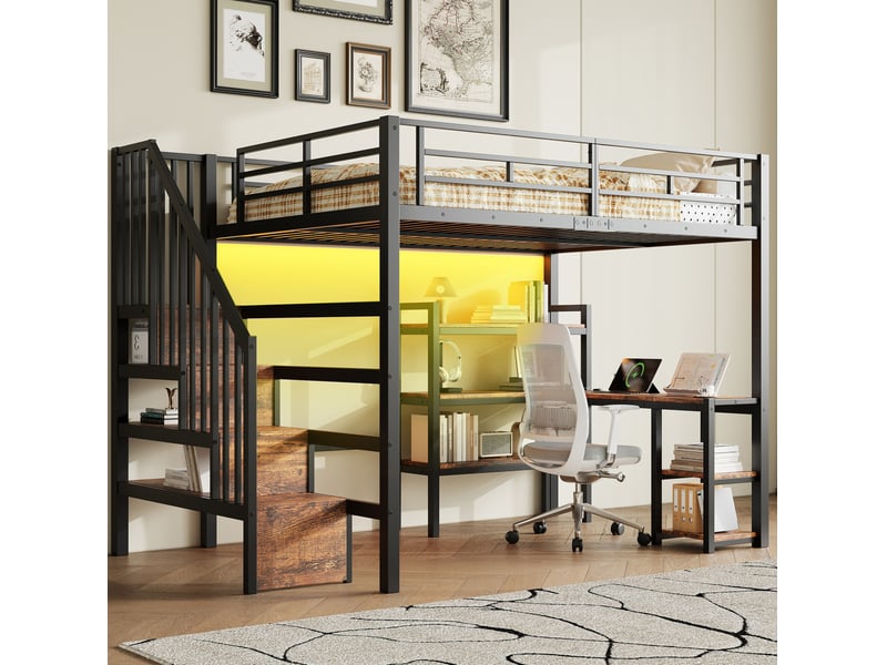  Lit mezzanine 140x200 cm, lit gain de place bureau intégré rangement led escalier, métal et mdf, noir, sans matelas  - Conforama W