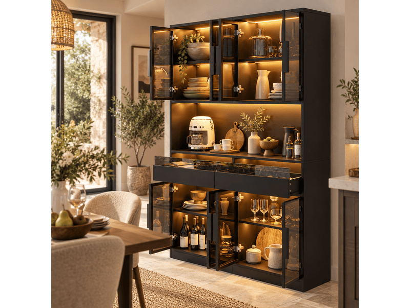 Vitrine led 120x40x180 cm avec 8 portes en verre trempé, 2 tiroirs et niche ouverte, meuble vitrine en mdf et verre, gris OMNIGLINT TRADING LTD - Conforama D