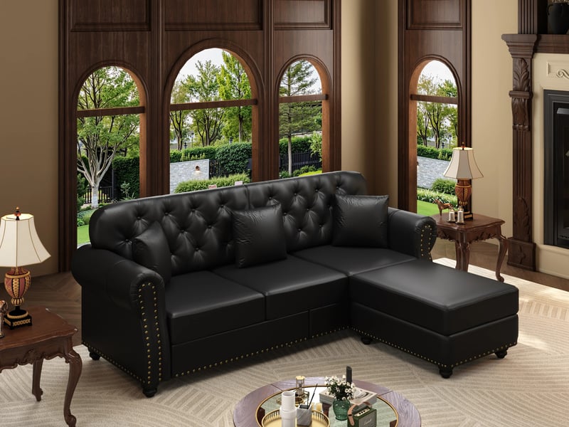  Canapé d'angle ,3 places, avec tabouret simple mobile,décoration tête de clou , 210 × 86×76cm,noir  - Conforama B