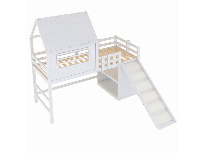  Lit superposé enfant cabane 90x200 - échelle sécurité - toboggan prolongé - étagères multifonctionnelles - certifié en747 208x219x219cm - Conforama D