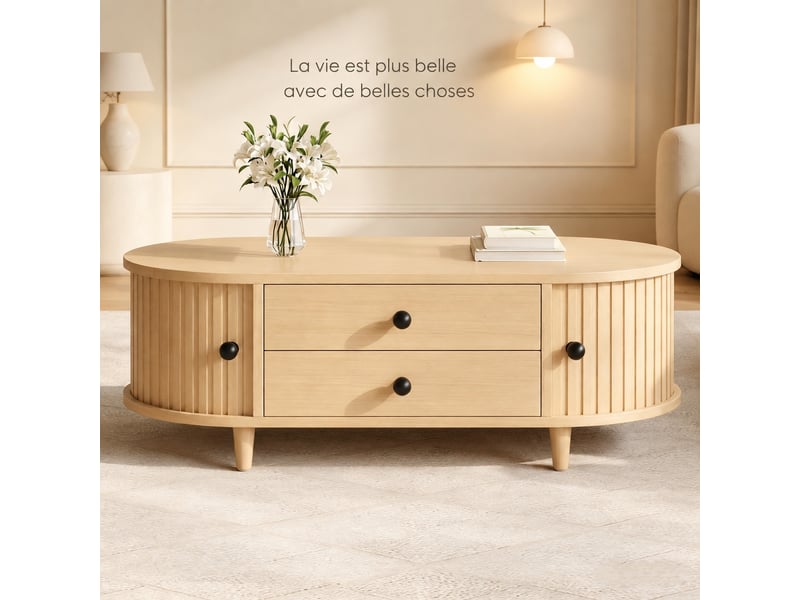 Table basse avec rangement, 2 tiroirs, portes à rideau, mdf, 100 x 50 x 36 cm, bois clair - Conforama C