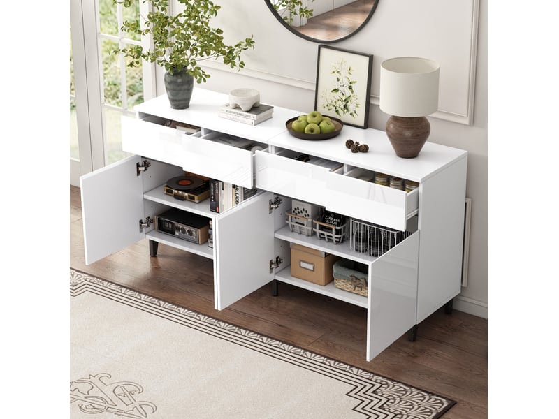 Buffet bas 2 portes et 4 tiroirs blanc brillant 160 x 40 x 68 cm - Conforama B