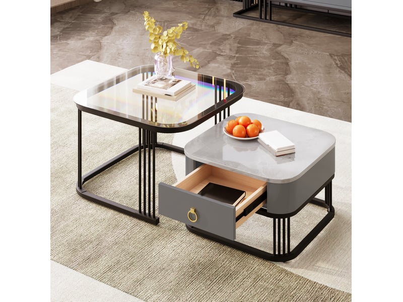  Table basse 60x60x42+50x50x33.5cm, plateau en verre et motif marbre, table de salon, table gigogne avec tiroir, en mdf, noir et gris  - Conforama D