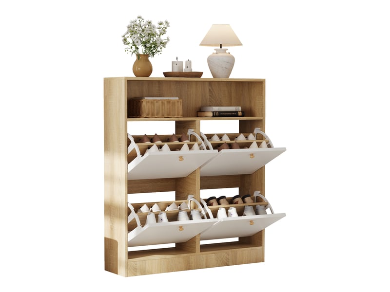  Meuble à chaussures à 4 portes, étroit, avec étagères ouvertes et séparateurs réglables, gain de place pour entréecouloir, naturel et blanc, l 90 x p 24 x h 104,5 cm  - Conforama A