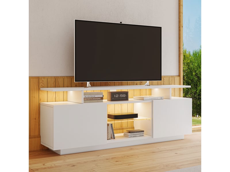  Meuble tv 140 cm blanc brillant led rgb 16 couleurs, portes vitrées, éclairage intégré  - Conforama B