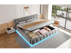Lit coffre 180 x 200 cm gris en velours, avec led intégrée, tête de lit rembourrée et sommier à lattes
