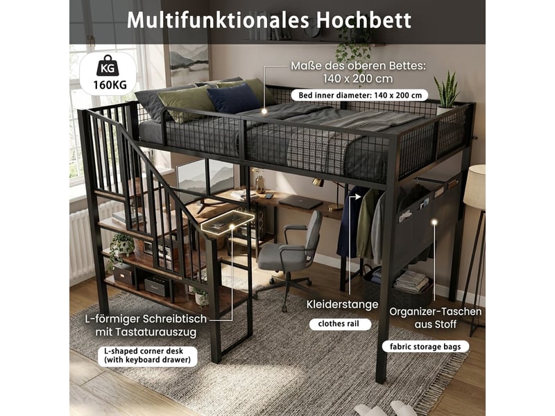  Lit mezzanine 140x200 cm - bureau d'angle en l - escalier et rangement - support clavier - en747 - métal et bois - noir  - Conforama R
