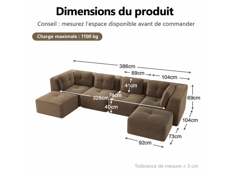  Canapé modulable en u avec ottomane, configuration modulable et fonction couchage, 69 × 386 × 104 cm, marron  - Conforama C
