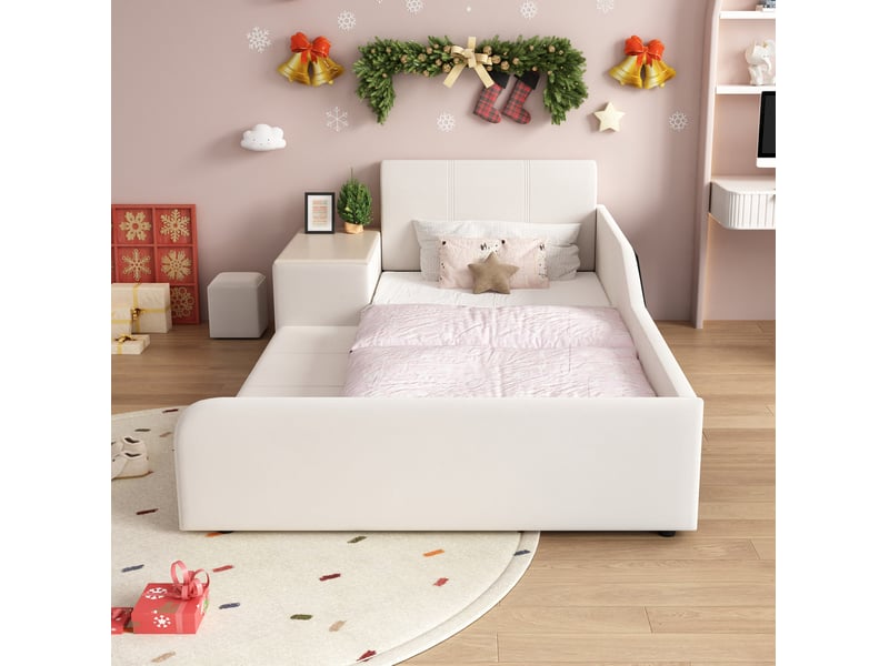  Lit enfant 90x200 cm en velours blanc avec bureau, tabouret et étagère  - Conforama D