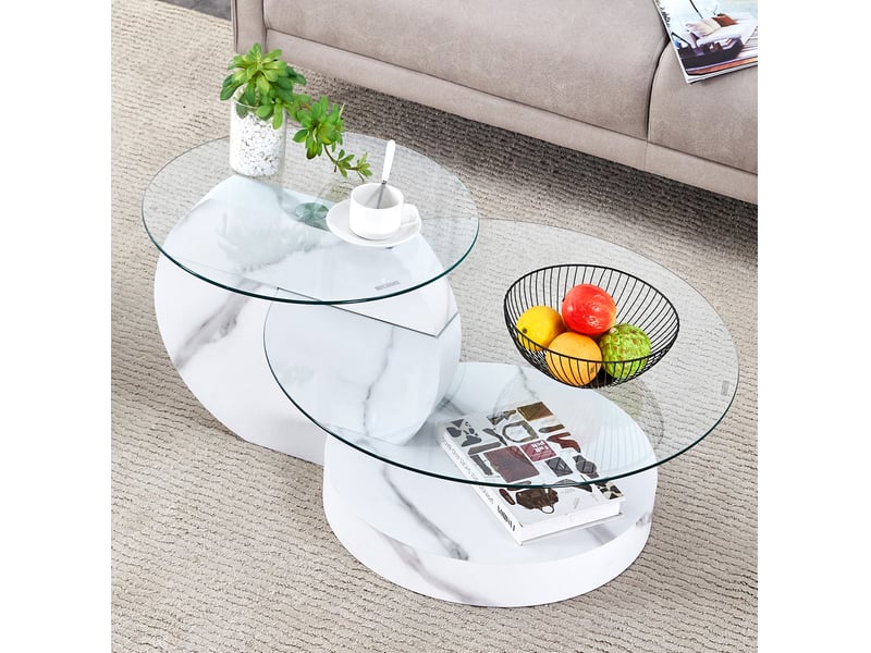  Table basse à 2 plateaux en verre de sécurité, mdf blanc effet marbre, 90x70 cm  - Conforama E