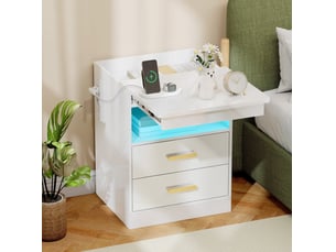 Table de chevet 45x40x59 cm avec station de charge et éclairage led rgb, bois, blanc brillant